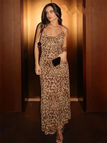 MUJER Leopard Print Tulle Slip Dress Woman Backless Summer Long Dresses For Wome
