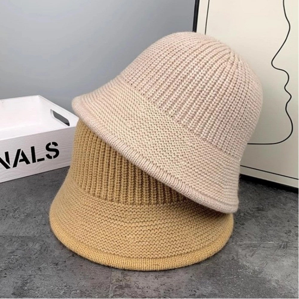 Fashion Autumn Winter Bucket Hat Warm Short Brim Fishing Cap Knitted Face Slimming Fleece Round Top Hat Travel