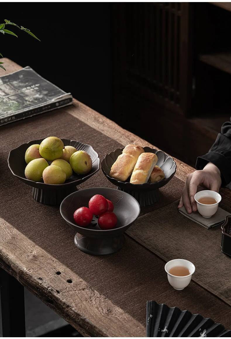 Qingxi Purple Pottery Tea Pastry Plate Handmade High Foot Dried Fruit Snack Large Integrated Drain Dessert Candy Dish Gift