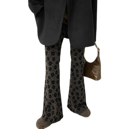 East Gate 2025 Autumn Winter New Sle Retro Print Small Flower Tight Elastic Waist Flared Pants Women Casual Long Pants