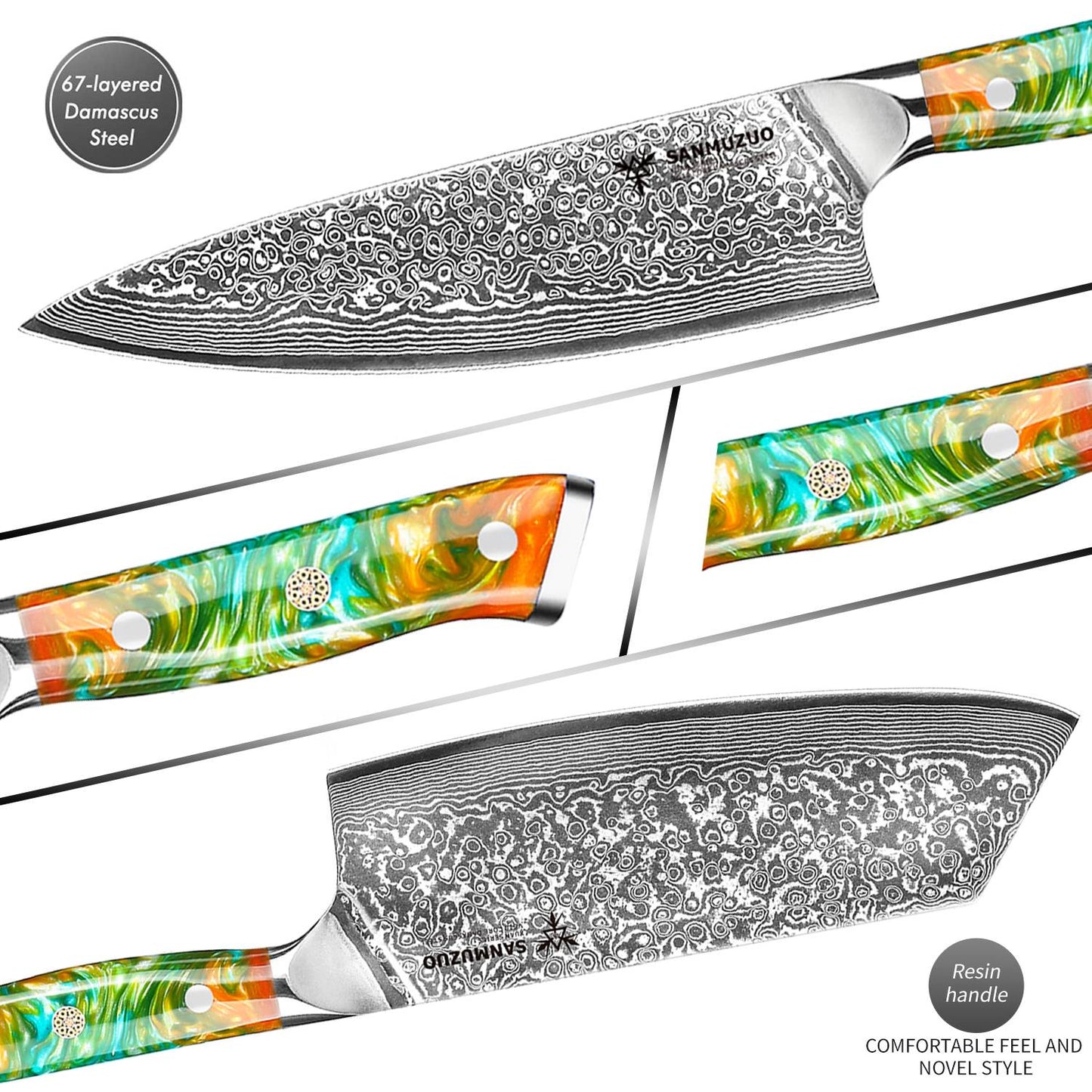 Conjunto de facas de cozinha SANMUZUO 2 peças - Série Xuan - Faca de Chef e Faca Nakiri em Aço Damasco VG10, Melhor Presente para Chefs - Cabo de Resina