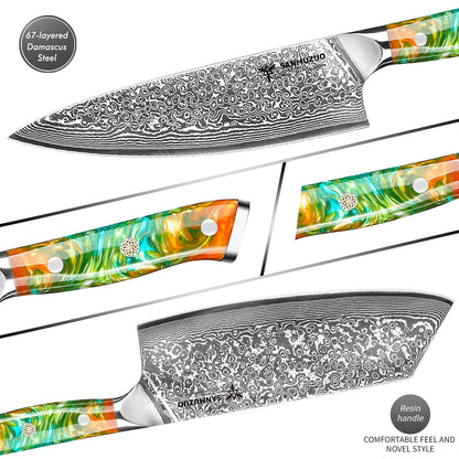 Conjunto de facas de cozinha SANMUZUO 2 peças - Série Xuan - Faca de Chef e Faca Nakiri em Aço Damasco VG10, Melhor Presente para Chefs - Cabo de Resina