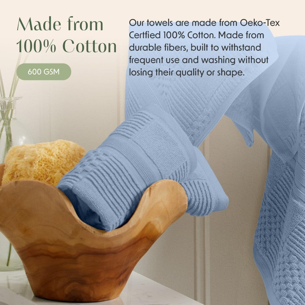 100% Cotton Bath Towel Set of 4 Blue Towels Geometric Textured Design Absorbent & Quick-Dry 4 Bath Towel