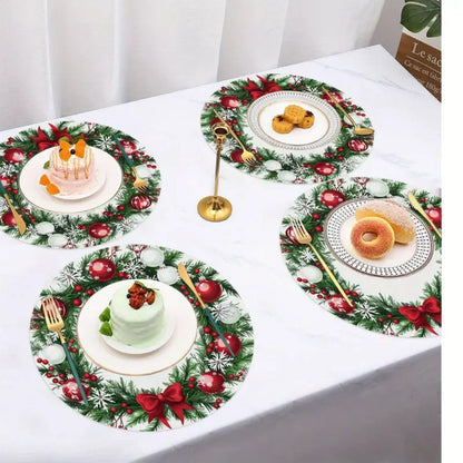 4PCS Christmas Placemats Round Polyester Non Slip Heat Resistant Festive Table Mats Christmas Style Design Round Tablecloth