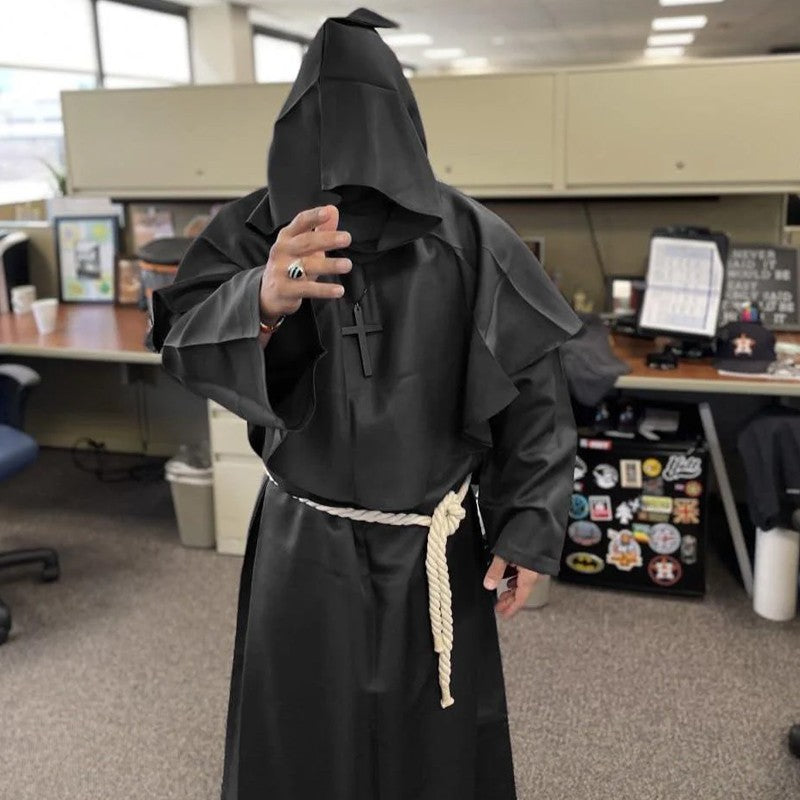 Retro Priest Robe Halloween Cosplay Costume Wizard Fancy Punk Cloak Mask Medieval Monk Robe Hooded Monk Cowl