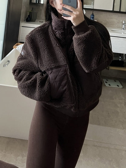 Loose Fit Long Sleeves Short Jacket High Street Zipper Winter Jacket Women Casual Fashion Warm Lamb Fleece Jackets for Women