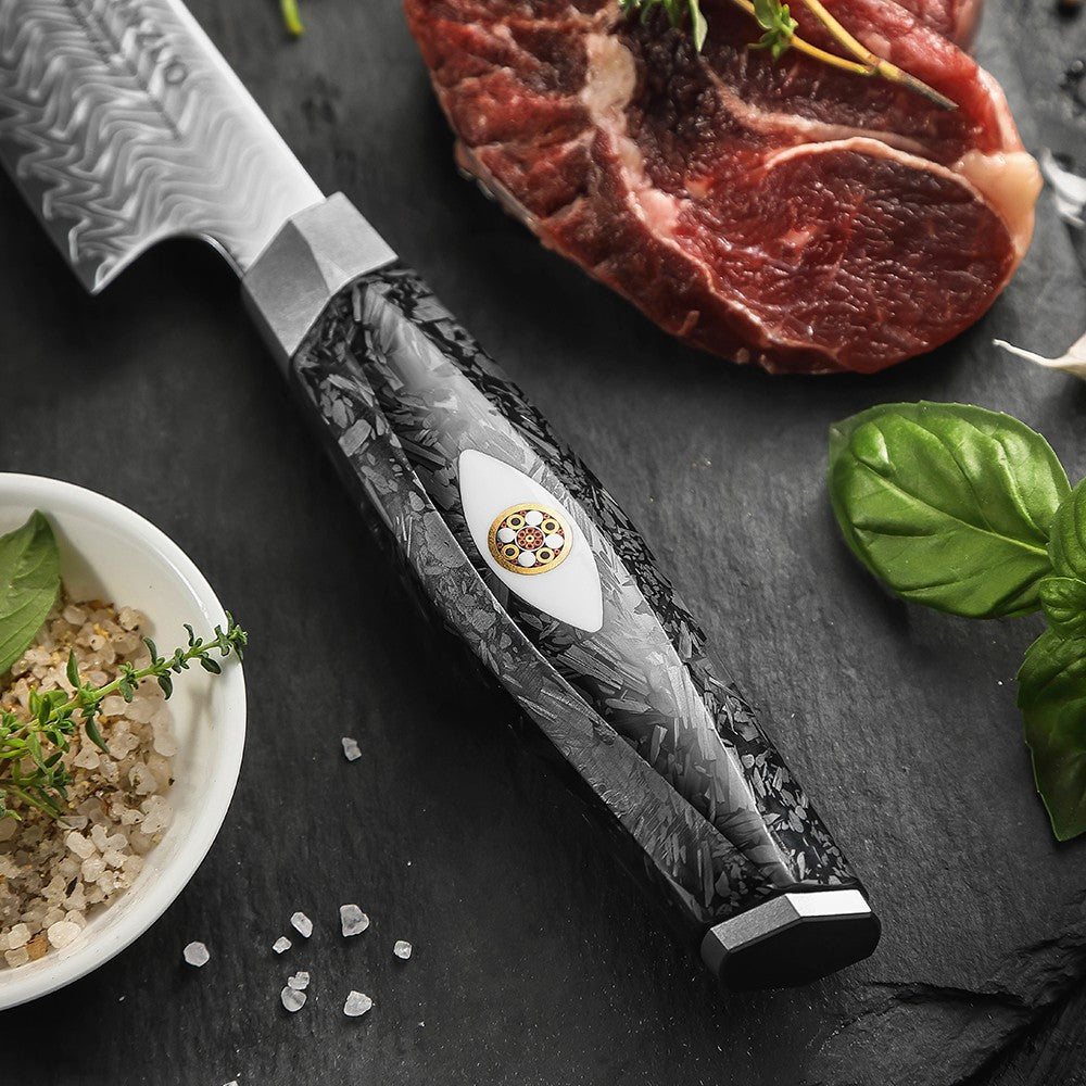 XINZUO 8.46-inch Damascus Carving Knife 145-layer M390 steel 60-62HRC carbon fiber handle 6.0-8.0N sharpness rust-resistant