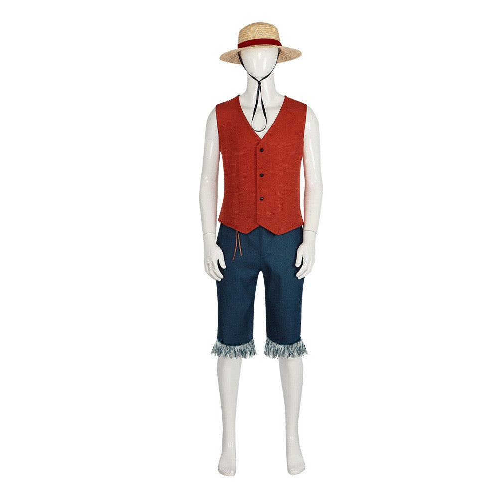 Monkey D Luffy Cosplay Costume for Men Adult Anime Outfit Halloween Party Red Vest Shorts Straw Hat Rope Set