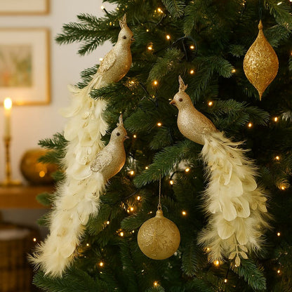 Long Tail Christmas Peacock Ornaments Realistic Glimmering Feather Peacock Bird Figurine Handmade with Clip Christmas Tree Decor