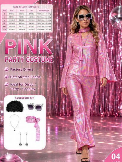 Ladies' Halloween disco party 70s disco costume set, including top, pants, sunglasses, necklace, earrings, and wig, role-playing