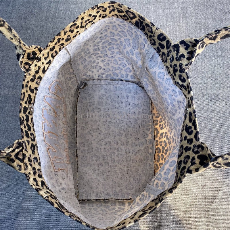 Korean Fashion Leopard Pattern Shoulder Bag Trendy Letter Embroidery Tote Bags Women Canvas Large Capacity Handbag Shopping Bags