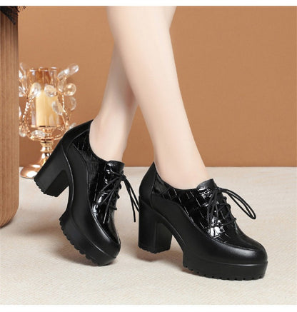 Deep Mouth Soft Leather Shoes Women Oxfords Platform Pumps High Heels Shoes Black Lace up Office Work Pumps Shoes Comfortable