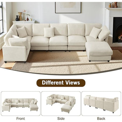 Luxury Oversized Chenille Sofa – 7-Seat Modular Sectional Cloud Couch with Movable Ottoman, Convertible for Living Room