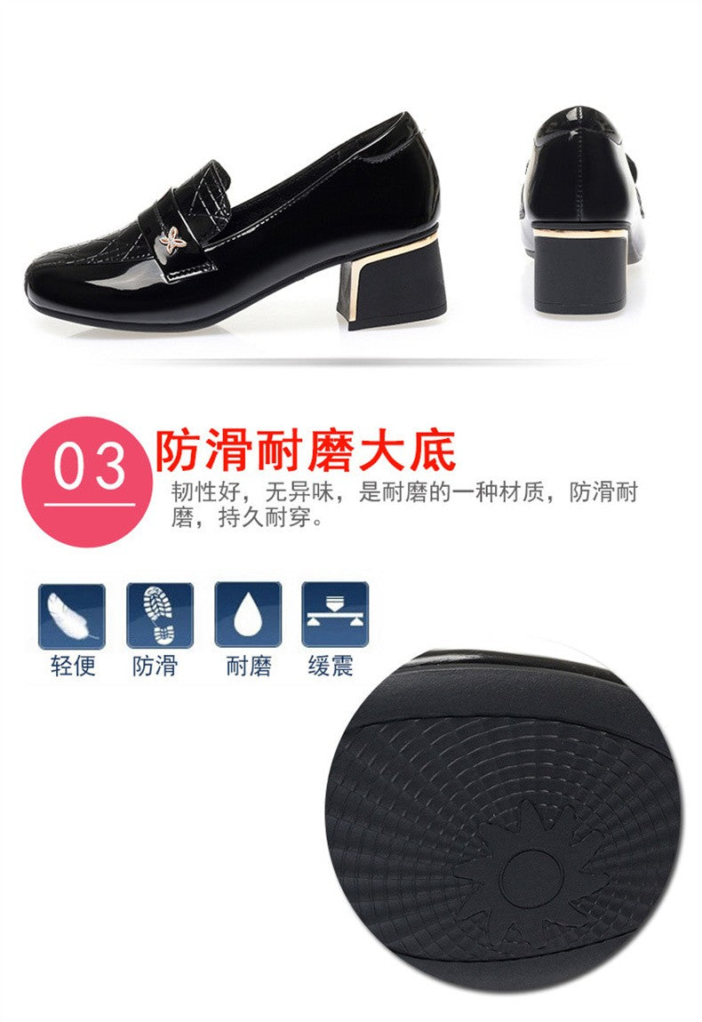 4.5cm British Style Deep Mouth Block Heels Shoes Women Loafers Bright Leather 2024 Spring Soft Leather Shoes for Office Mom