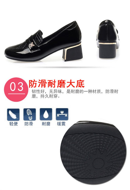 4.5cm British Style Deep Mouth Block Heels Shoes Women Loafers Bright Leather 2024 Spring Soft Leather Shoes for Office Mom