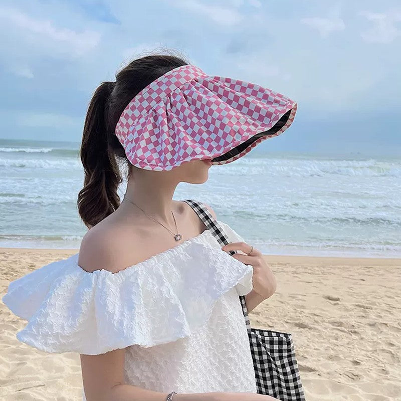 Chapéu gradiente xadrez Chapéu de verão feminino Chapéu vazio Viseira de sol Chapéu de sol de verão com aba larga Chapéu de proteção UV para mulheres Chapéu de praia
