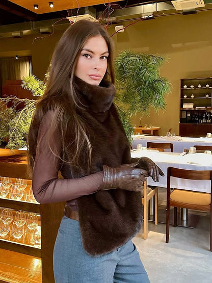 Women Solid Faux Fur Vest Crop Top Fashion Turtleneck Fluffy Short Tank Tops 2025 Winter Lady Elegant Sleeveless Jacket Coat