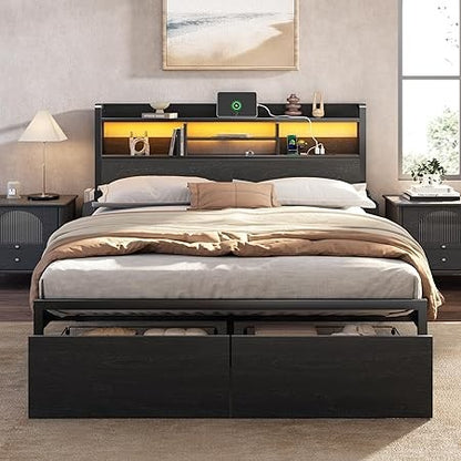 Cama Box de Casal com Estrutura de Madeira, Cama Box de Casal com Plataforma de Metal, 2 Gavetas de Armazenamento e Prateleira, Luzes de LED