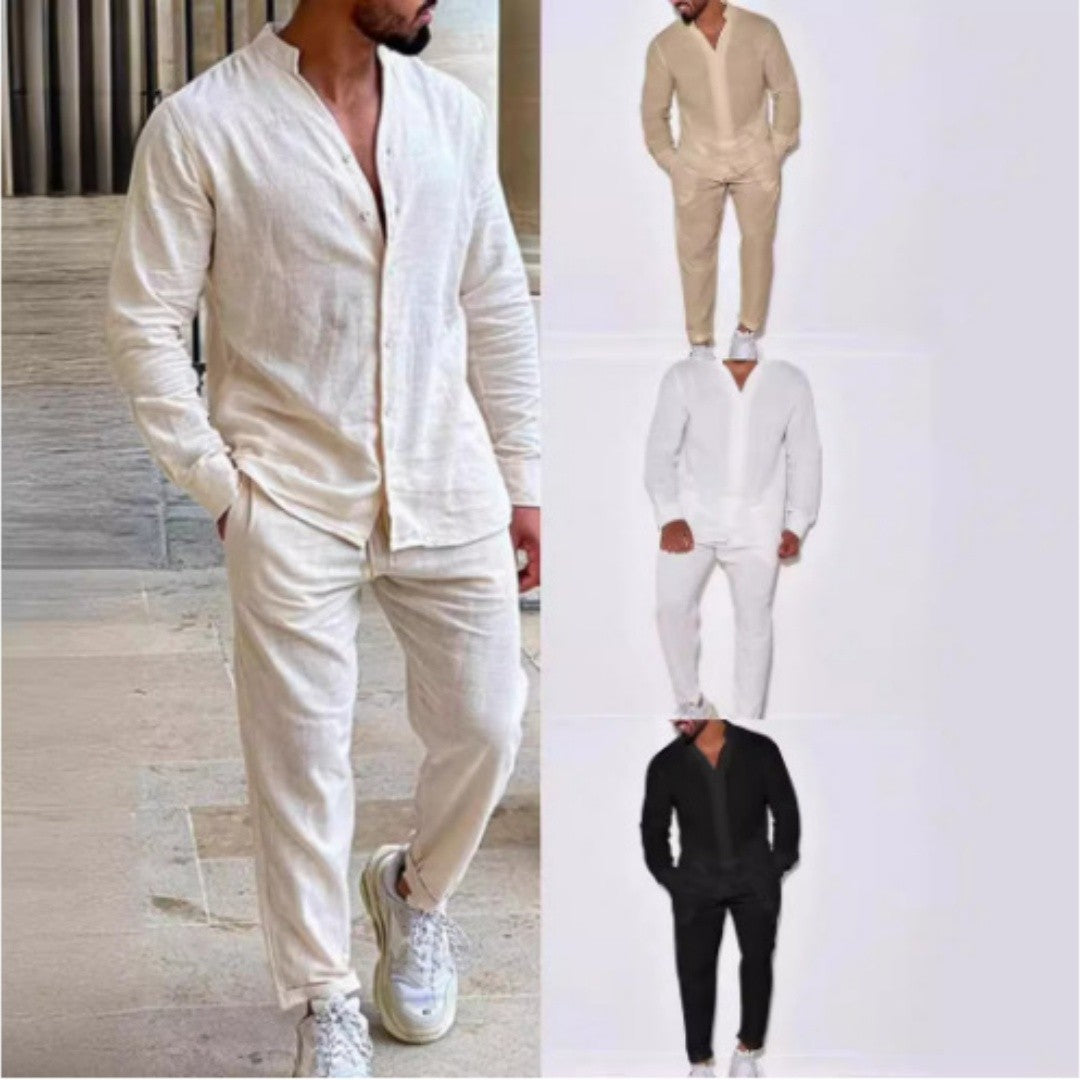 Autumn men's new fashion solid color suit cotton cardigan lapel long sleeve pants suit