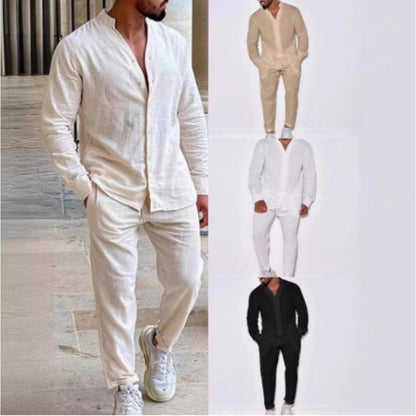 Autumn men's new fashion solid color suit cotton cardigan lapel long sleeve pants suit