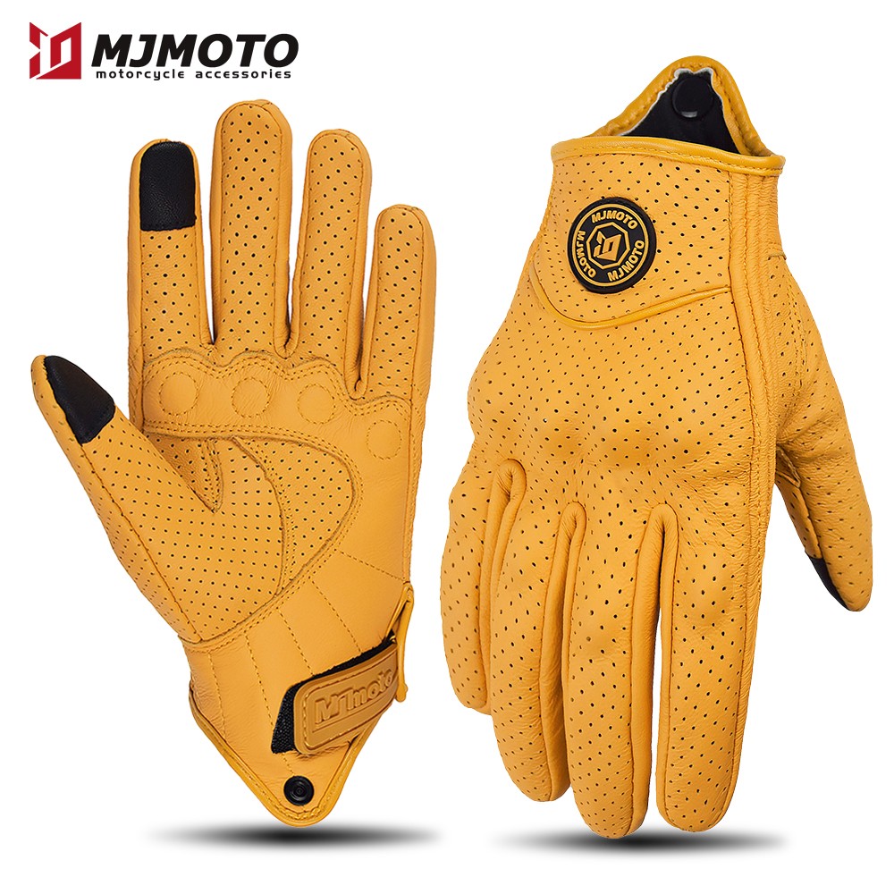 Luvas de Couro Amarelas Retrô para Motocicleta Masculinas Femininas Respiráveis Perfuradas Luvas de Corrida de Moto com Tela Sensível ao Toque para Motocross Moto