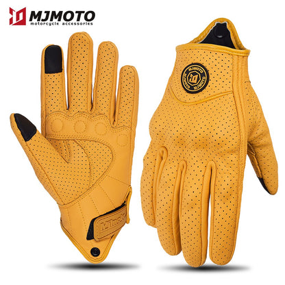 Luvas de Couro Amarelas Retrô para Motocicleta Masculinas Femininas Respiráveis Perfuradas Luvas de Corrida de Moto com Tela Sensível ao Toque para Motocross Moto