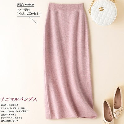 100% pure wool skirt new women's autumn and winter mid-length high-waisted thin cashmere skirt knitted all-match hip skirt