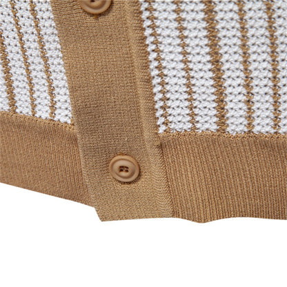 AIOPESON 2025 Men's Striped Mesh Polo Shirt - Breathable Contrast Panel Knit Top with Turn-Down Collar