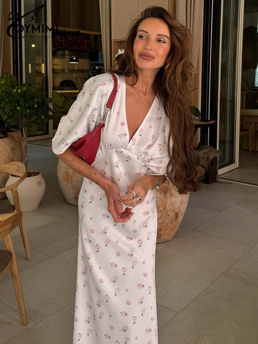 Oymimi Casual White Print Dresses For Woman Fashion V-Neck Batwing Sleeve Dresses Elegant Straight Floor-Length Dress Streetwear
