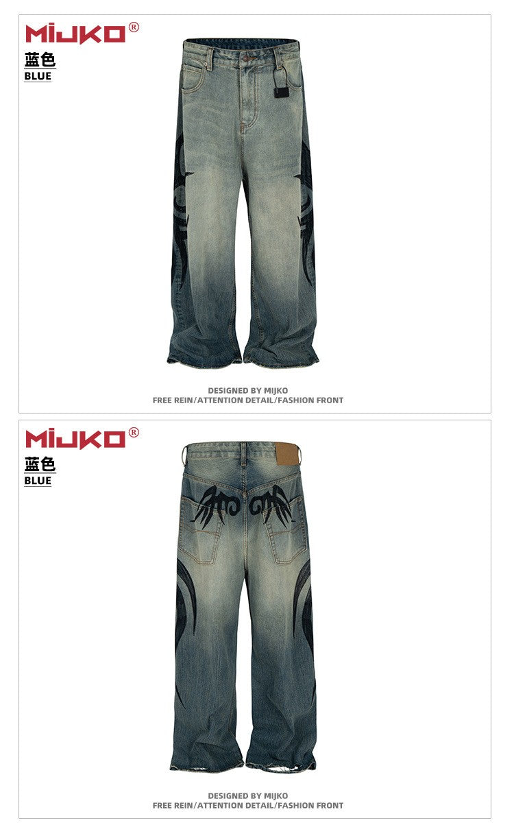 MIJKO New Retro Dragon Pattern Totem Print Bamboo Baggy Drawstring Washed Jeans For Men Women Denim Pants ZJ083