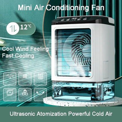Ventilador Portátil de Mesa com Ar Condicionado Duplo Spray Atomização Ultrassônica 3 Velocidades Mudo Refrigerador de Ar Luz Noturna Ventilador Elétrico para Casa