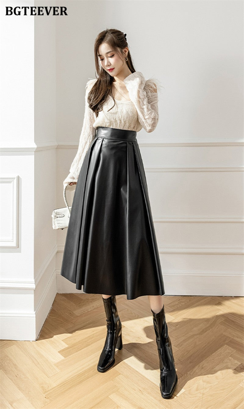 BGTEEVER Spring Autumn Loose PU Leather A-line Skirts Women Elegant High Waist Pleated Faux Leather Skirts Female