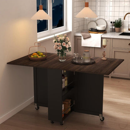 Folding Dining Table with 6 Wheels, Drop Leaf Tables for Small Spaces, Foldable Dining Table with 2-Layer Storage Rack, Kitchen