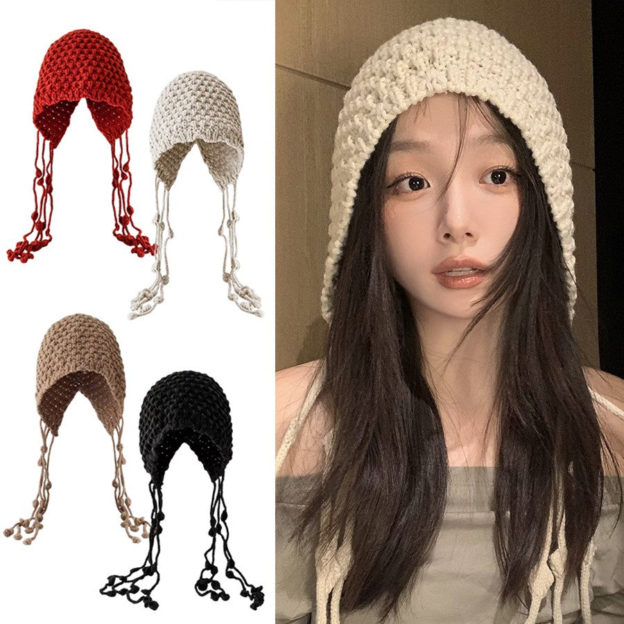 Autumn Winter Women's Hat Hand-knitted Woolen Tassel Cap Beanie Fashion Ear-protecting Cap Outdoor Warmth Headscarf Hat