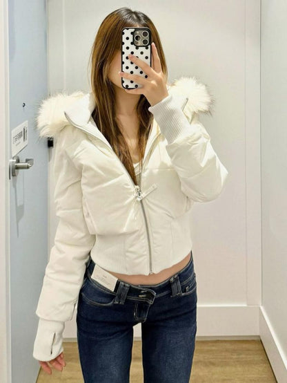 Fashion Women's Cotton Jacket Fur Collar Zipper Slim Waist Pocket Warm Thicken Coat Autumn Winter Hooded Jacket Lady Outwears