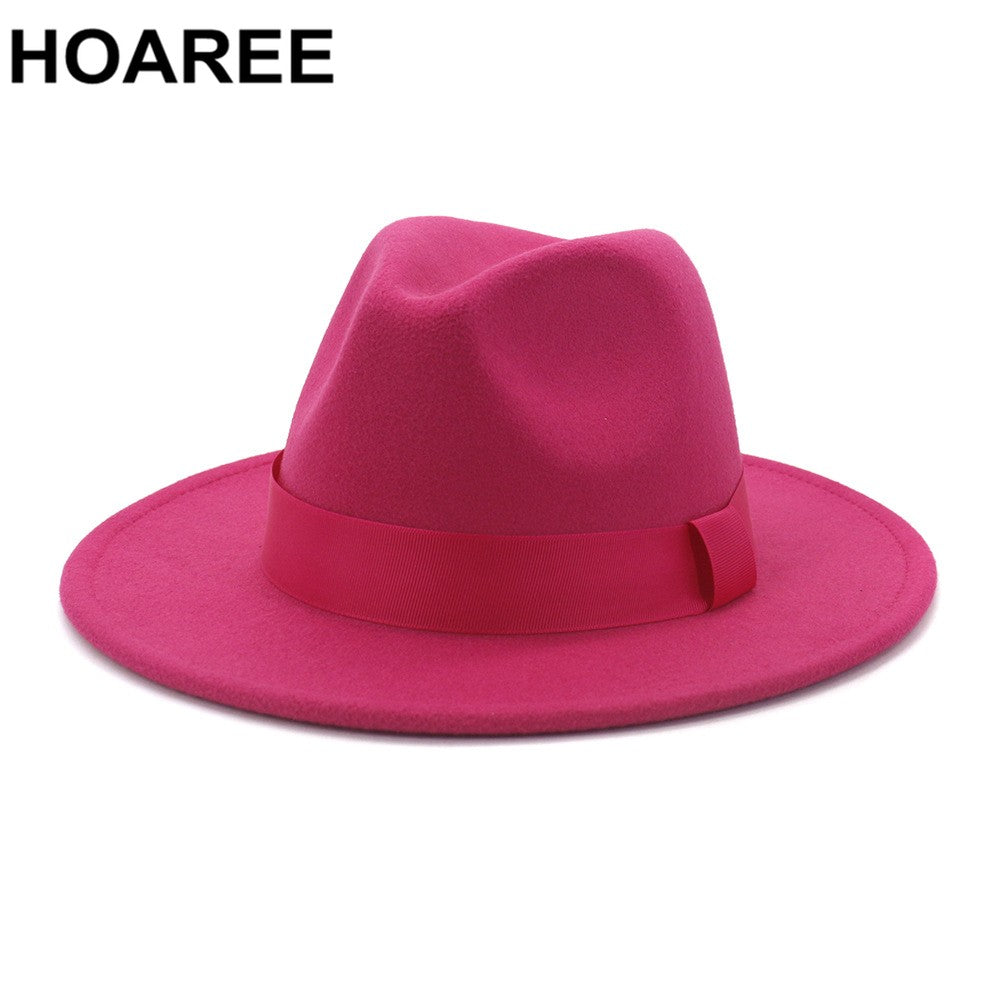 HOAREE Purple Wool Felt Jazz Fedora Hats Men Women Wide Brim Sombrero British Style Trilby Formal Panama Cap Solid Dress Hat