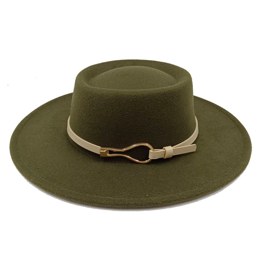 Acessórios femininos de fivela de couro metal com chapéu de feltro de pele com top côncavo e convexo, chapéu fedora e conjunto de bolsa combinando, estilo retrô