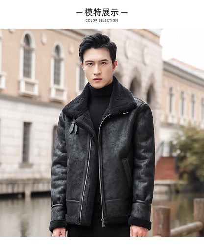 Lamb Cashmere PU Leather Jacket Mens Plus Velvet Men Winter Warm Motorcycle Thickened Leather Coat Man Fleece PU Leather Coats