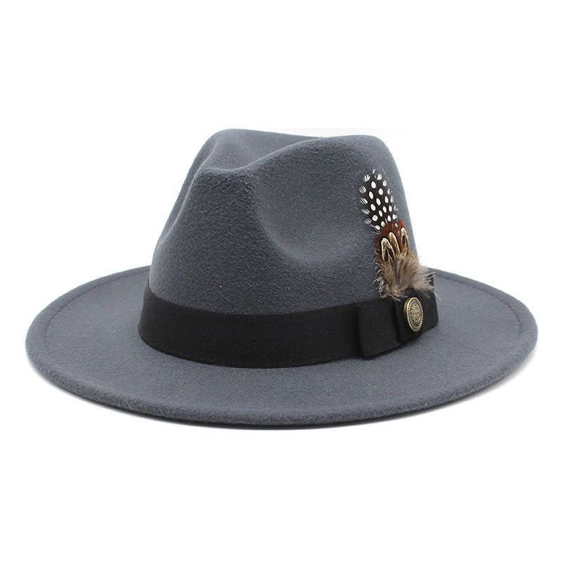White Woolen Gentleman Classic British Jazz Feather Top Hat Wide Brim Party Church Wedding Fedora Hats Men Women Panama Felt Cap