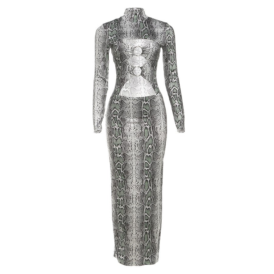 Weird Puss Sexy Snakeskin Maxi Dress Women Chest Hollow Metal Ring Turtleneck Peach Hip Hipster Street Stretch Skinny Bodycon