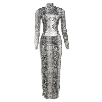 Weird Puss Sexy Snakeskin Maxi Dress Women Chest Hollow Metal Ring Turtleneck Peach Hip Hipster Street Stretch Skinny Bodycon