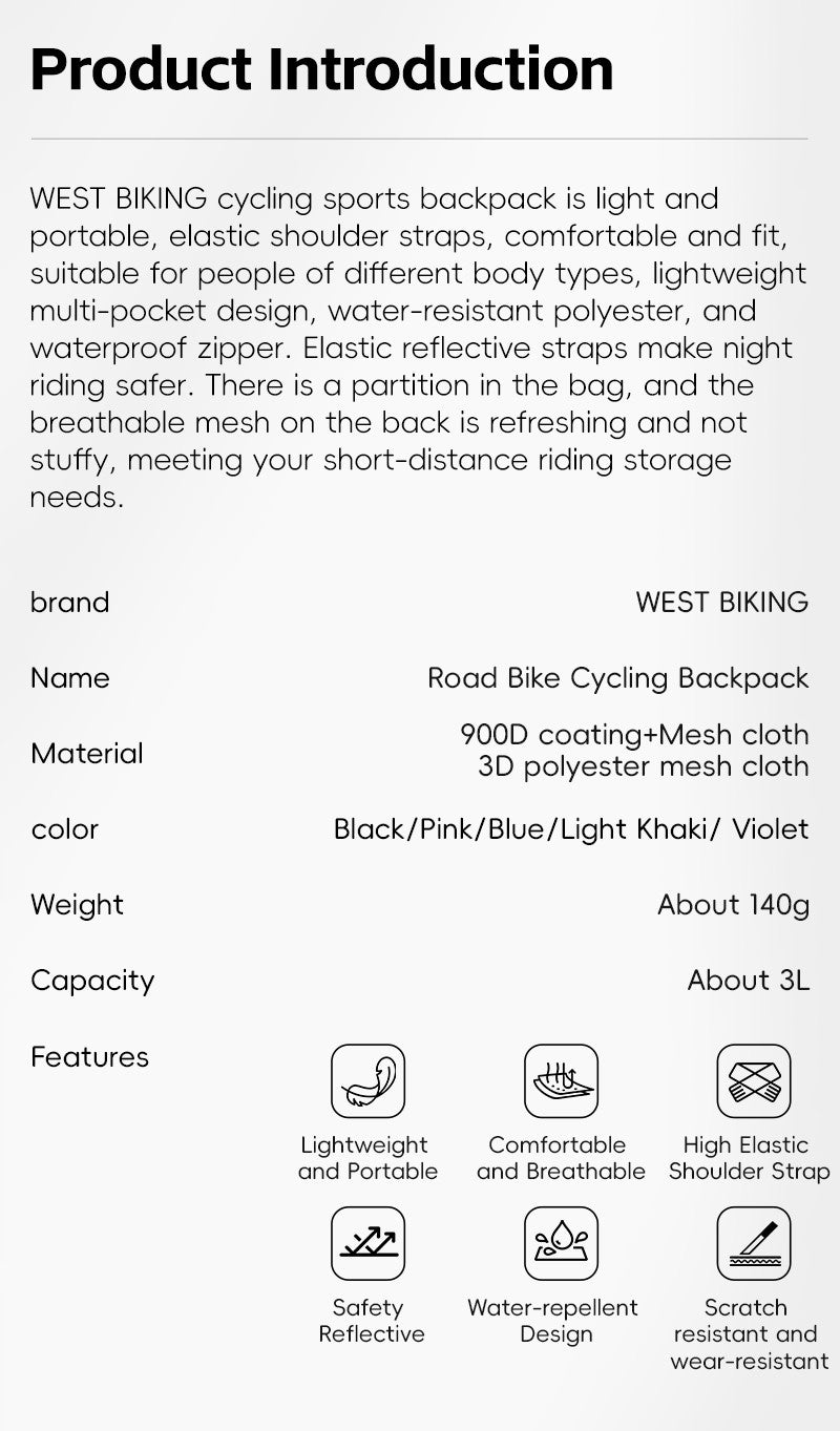 WEST BIKING Portable Lightweight Cycling Backpack Multi-Pocket Design Reflective Water Repellent Trekking Backpack Elastic Strap