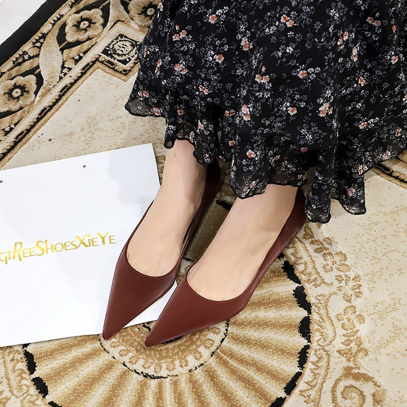 New Big Size Women's Boat Shoes Leather 4.5cm High Heels Pointed Toe Pumps Stilettos Basic Pump For Female White Black Wine Red