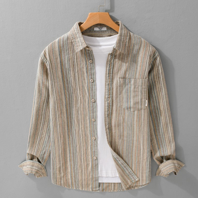 6158 Spring Fashion Japan Style Vintage Stripe Simple Cargo Shirt for Men Good Quality Cotton Long Sleeve Slim Fit Casual Blouse