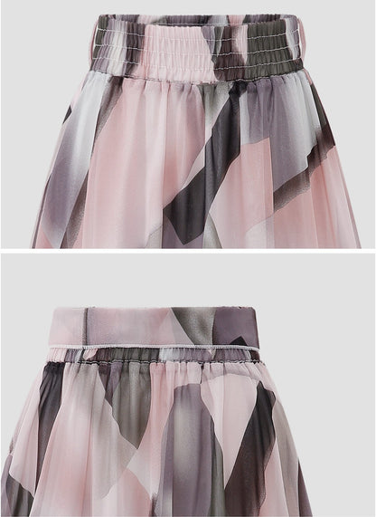 2024 Summer Print Floral Skirts For Women Casual Loose Elastic Waist Plus Size Skirt Belt A-line Chiffon Beach Saias Midi Femme