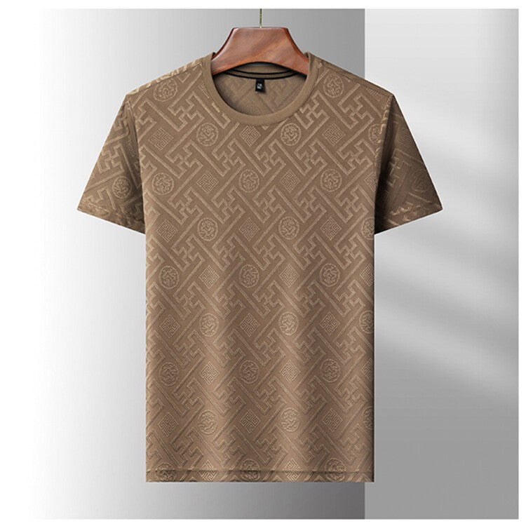 2024 Summer Ice Silk Men's Jacquard Short Sleeve T-shirt High end Brand Fashion Jacquard Cool Breathable Casual Round Neck Top