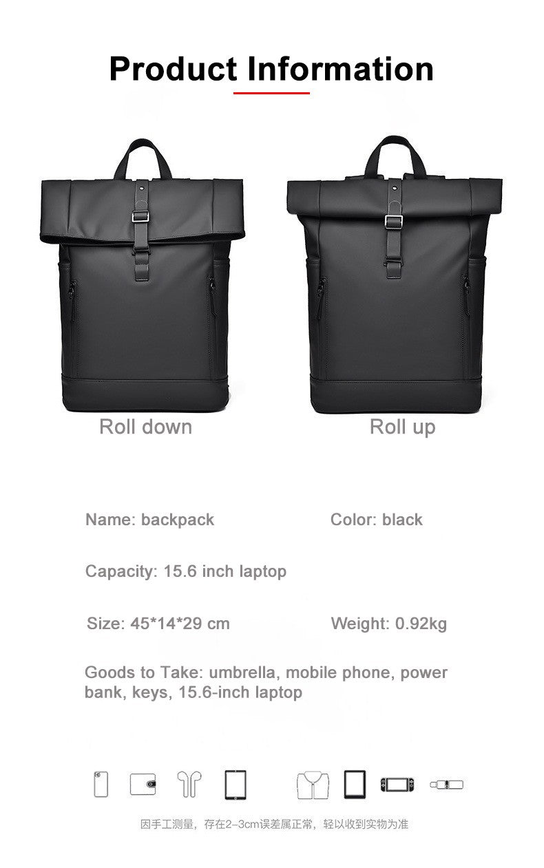 Black Fashion Roll Top Computer Bag Laptop Travel Business Waterproof Large Capacity Backpack Teenager School Bag ?? Mochila