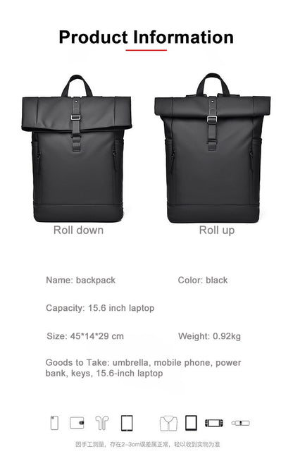 Black Fashion Roll Top Computer Bag Laptop Travel Business Waterproof Large Capacity Backpack Teenager School Bag ?? Mochila