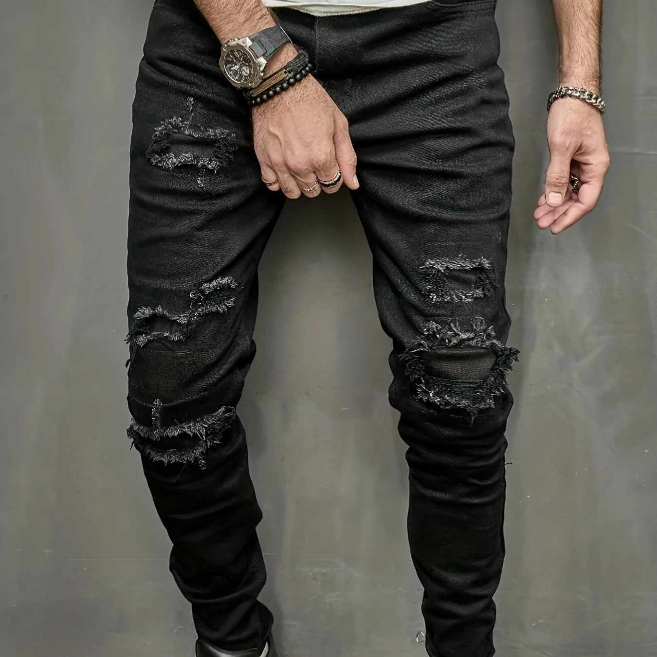 Men's slim fit jeans with torn holes, fabric patch, small feet, tight fitting denim pants