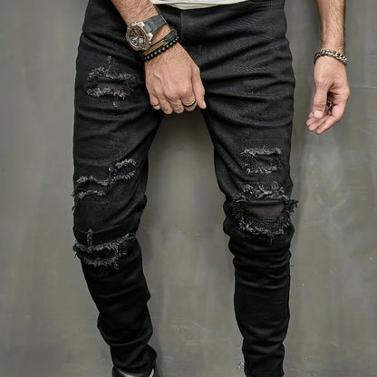 Men's slim fit jeans with torn holes, fabric patch, small feet, tight fitting denim pants
